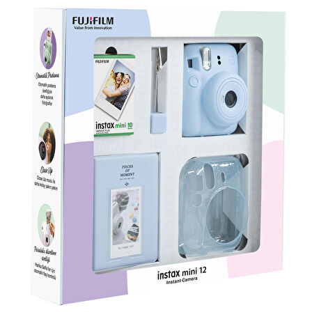 Instax mini 12 Mavi Fotoğraf Makinesi 10'lu Film Simli Pleksi Kılıf PVC Albüm ve Kıskaçlı Resim Standı Bundle Box