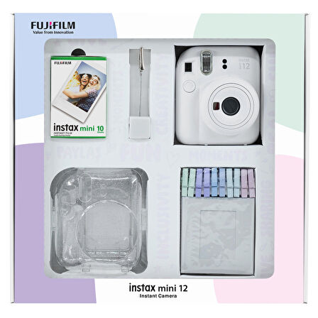 Instax mini 12 Beyaz Fotoğraf Makinesi 10'lu Film Simli Pleksi Kılıf Mandal ve Kıskaçlı Resim Standı Bundle Box