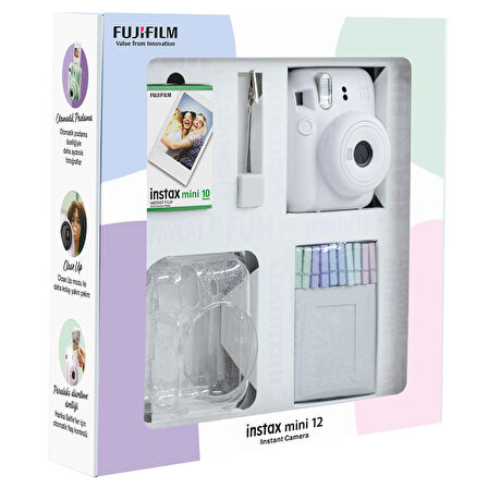 Instax mini 12 Beyaz Fotoğraf Makinesi 10'lu Film Simli Pleksi Kılıf Mandal ve Kıskaçlı Resim Standı Bundle Box