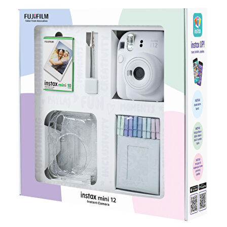 Instax mini 12 Beyaz Fotoğraf Makinesi 10'lu Film Simli Pleksi Kılıf Mandal ve Kıskaçlı Resim Standı Bundle Box