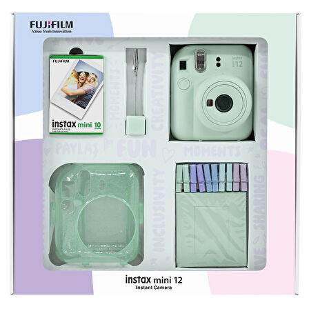 Instax mini 12 Yeşil Fotoğraf Makinesi 10'lu Film Simli Pleksi Kılıf Mandal ve Kıskaçlı Resim Standı Bundle Box