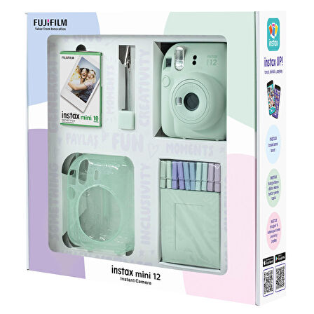 Instax mini 12 Yeşil Fotoğraf Makinesi 10'lu Film Simli Pleksi Kılıf Mandal ve Kıskaçlı Resim Standı Bundle Box