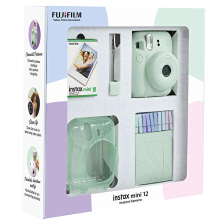 Instax mini 12 Yeşil Fotoğraf Makinesi 10'lu Film Simli Pleksi Kılıf Mandal ve Kıskaçlı Resim Standı Bundle Box