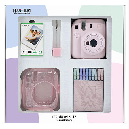 Instax mini 12 Pembe Fotoğraf Makinesi 10'lu Film Simli Pleksi Kılıf Mandal ve Kıskaçlı Resim Standı Bundle Box