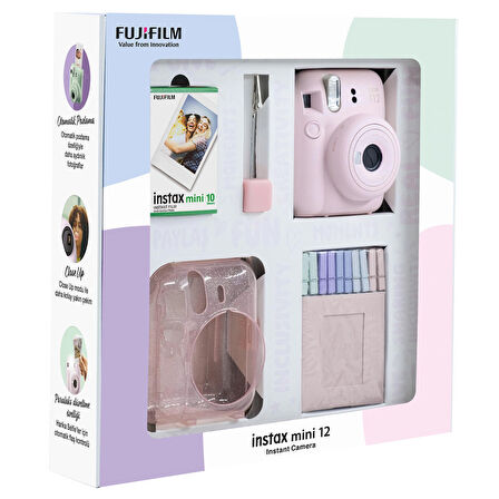 Instax mini 12 Pembe Fotoğraf Makinesi 10'lu Film Simli Pleksi Kılıf Mandal ve Kıskaçlı Resim Standı Bundle Box