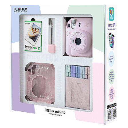 Instax mini 12 Pembe Fotoğraf Makinesi 10'lu Film Simli Pleksi Kılıf Mandal ve Kıskaçlı Resim Standı Bundle Box