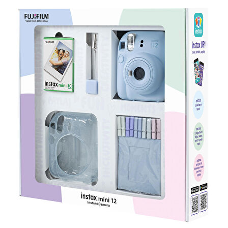 Instax mini 12 Mavi Fotoğraf Makinesi 10'lu Film Simli Pleksi Kılıf Mandal ve Kıskaçlı Resim Standı Bundle Box