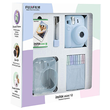 Instax mini 12 Mavi Fotoğraf Makinesi 10'lu Film Simli Pleksi Kılıf Mandal ve Kıskaçlı Resim Standı Bundle Box