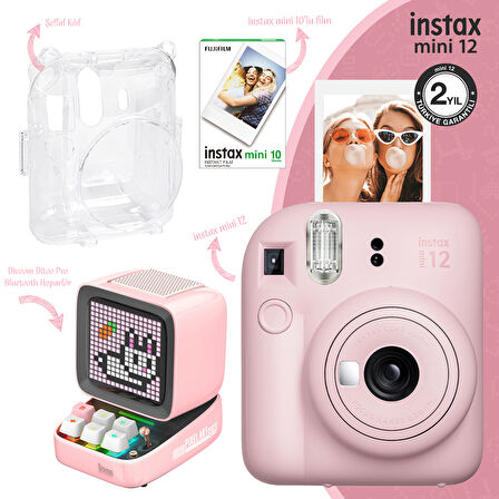 Instax mini 12 Pembe Fotoğraf Makinesi-10'lu Film-Şeffaf Kılıf ve Divoom Ditoo Pro Pembe Uyarlanabilir Piksel Ekranlı Bluetooth Hoparlör