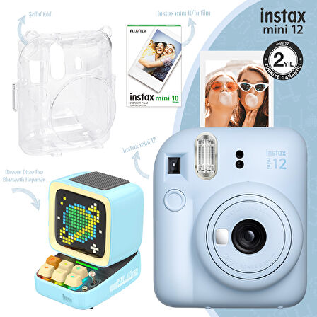 Instax mini 12 Mavi Fotoğraf Makinesi-10'lu Film-Şeffaf Kılıf ve Divoom Ditoo Pro Mavi Uyarlanabilir Piksel Ekranlı Bluetooth Hoparlör