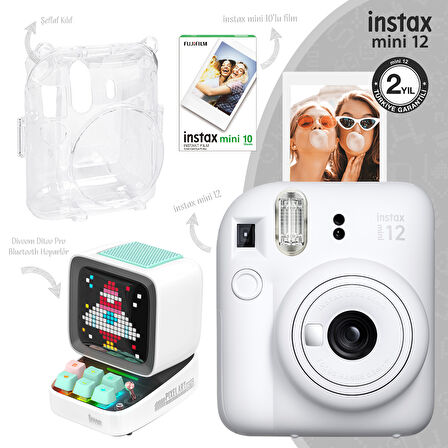 Instax mini 12 Beyaz Fotoğraf Makinesi-10'lu Film-Şeffaf Kılıf ve Divoom Ditoo Pro Beyaz Uyarlanabilir Piksel Ekranlı Bluetooth Hoparlör