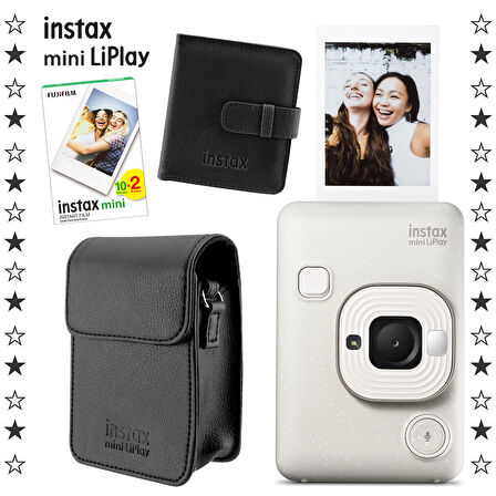 Instax mini LiPlay Hybrid Misty White Fotoğraf Makinesi 20'li Film Albüm ve Deri Kılıf Hediye Seti