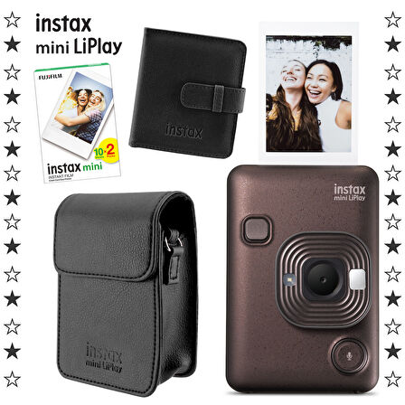 Instax mini LiPlay Hybrid Deep Bronze Fotoğraf Makinesi 20'li Film Albüm ve Deri Kılıf Hediye Seti