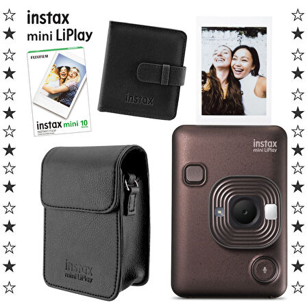 Instax mini LiPlay Hybrid Deep Bronze Fotoğraf Makinesi 10'lu Film Albüm ve Deri Kılıf Hediye Seti