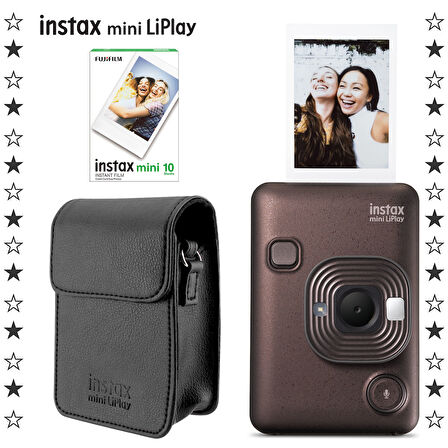 Instax mini LiPlay Hybrid Deep Bronze Fotoğraf Makinesi 10'lu Film ve Deri Kılıf Hediye Seti