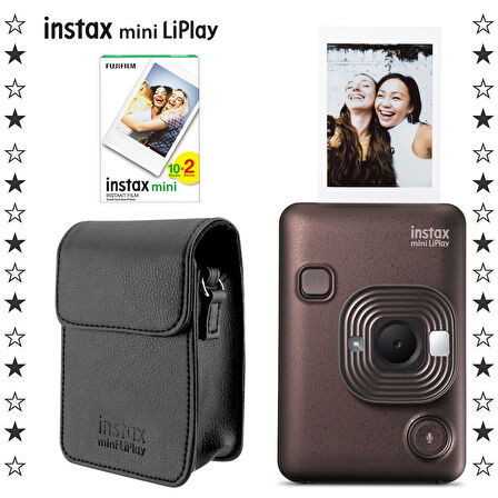 Instax mini LiPlay Hybrid Deep Bronze Fotoğraf Makinesi 20'li Film ve Deri Kılıf Hediye Seti