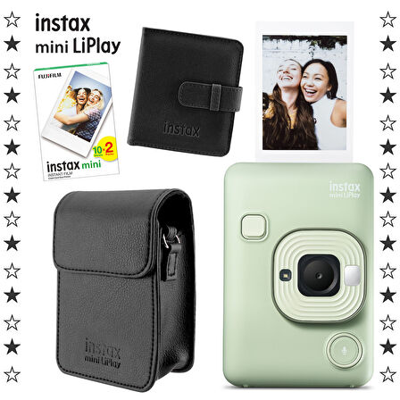 Instax mini LiPlay Hybrid Matcha Green Fotoğraf Makinesi 20'li Film Albüm ve Deri Kılıf Hediye Seti