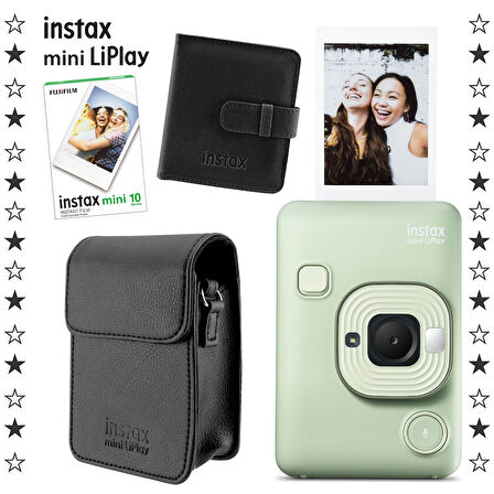 Instax mini LiPlay Hybrid Matcha Green Fotoğraf Makinesi 10'lu Film Albüm ve Deri Kılıf Hediye Seti