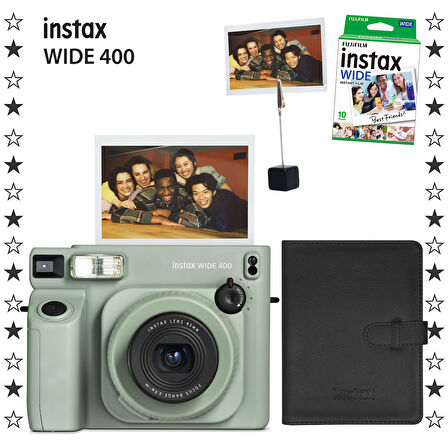 Instax Wide 400 Yeşil Fotoğraf Makinesi 10'lu Film Kıskaç ve Deri Albüm Hediye Seti