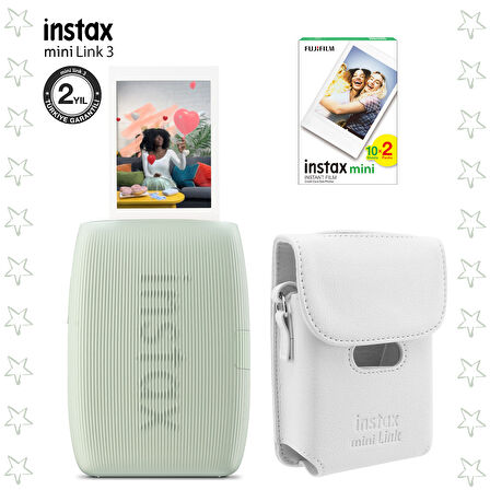 Instax mini Link 3 Yeşil Akıllı Telefon Yazıcısı Beyaz Çanta ve 20'li mini Film