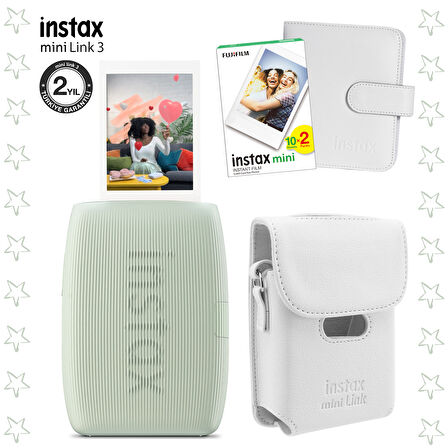 Instax mini Link 3 Yeşil Akıllı Telefon Yazıcısı Beyaz Çanta Deri Albüm ve 20'li mini Film