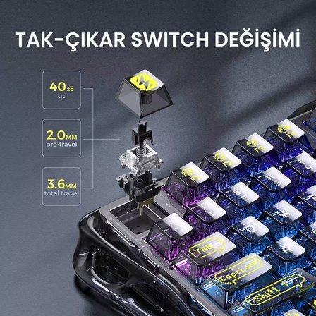 GravaStar Mercury K1 Lite+M2 Kablosuz Rgb Işıklı Mekanik Q Gaming Klavye ve Optik Mouse Seti, Siyah