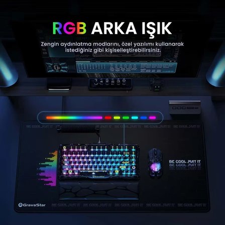 GravaStar Mercury K1 Lite+M2 Kablosuz Rgb Işıklı Mekanik Q Gaming Klavye ve Optik Mouse Seti, Siyah