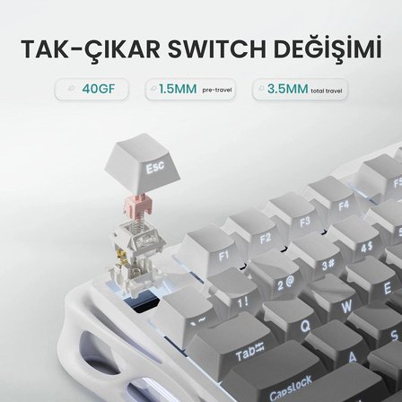 GravaStar Mercury K1+M1 Pro Kablosuz Rgb Işıklı Mekanik Q Gaming Klavye ve Optik Mouse Seti, Beyaz