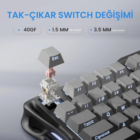 GravaStar Mercury K1+M1 Pro Kablosuz Rgb Işıklı Mekanik Q Gaming Klavye ve Optik Mouse Seti, Siyah