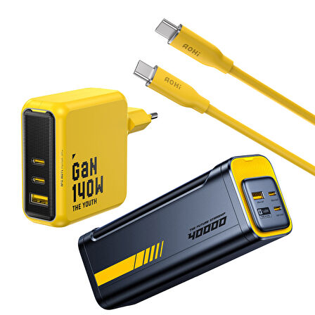 Aohi Youth 140W 3 Portlu Şarj Adaptörü, 40.000 mAh 140W PD3.1 Powerbank, 140W 1m PD 3.1 480Mbps Süper Hızlı Şarj/Data Kablosu Seti