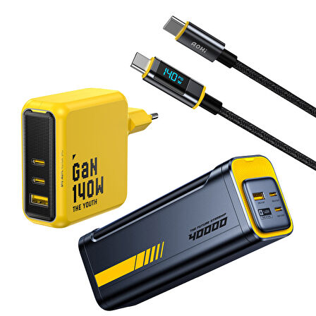 Aohi Youth 140W 3 Portlu Şarj Adaptörü, 40.000 mAh 140W PD3.1 Powerbank, 140W LED Ekranlı Naylon Örgülü Süper Hızlı Şarj/Data Kablosu Seti
