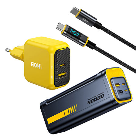 Aohi Magcube 67W 2 Portlu Şarj Adaptörü, 40.000 mAh 140W PD3.1 Powerbank, 140W LED Ekranlı Naylon Örgülü Süper Hızlı Şarj/Data Kablosu Seti