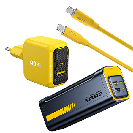 Aohi Magcube 67W 2 Portlu Şarj Adaptörü, 40.000 mAh 140W PD3.1 Powerbank, 140W 1m PD 3.1 480Mbps Süper Hızlı Şarj/Data Kablosu Seti