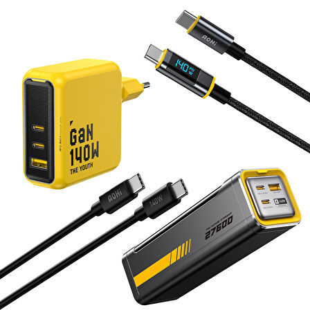 Aohi Youth 140W 3 Portlu Şarj Adaptörü, 27.600 mAh 240W PD3.1 Powerbank, 140W LED Ekranlı Naylon Örgülü Süper Hızlı Şarj/Data Kablosu Seti