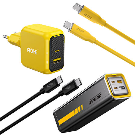 Aohi Magcube 67W 2 Portlu Şarj Adaptörü, 27.600 mAh 240W PD3.1 Powerbank, 140W 1m PD 3.1 480Mbps Süper Hızlı Şarj/Data Kablosu Seti