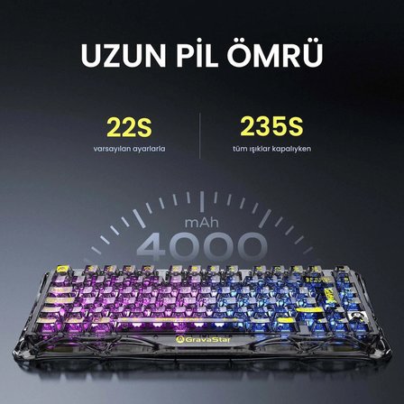 GravaStar Mercury K1 Lite+M2 Kablosuz RGB Işıklı Mekanik Q Gaming Klavye ve Optik Mouse Seti, Şeffaf Siyah