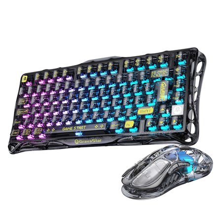 GravaStar Mercury K1 Lite+M2 Kablosuz RGB Işıklı Mekanik Q Gaming Klavye ve Optik Mouse Seti, Şeffaf Siyah