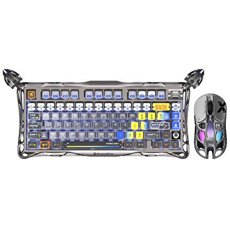 GravaStar Mercury K1 Pro+X Kablosuz RGB Işıklı Mekanik Q Gaming Klavye ve Optik Mouse Seti, Uzay Gri