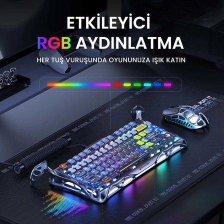 GravaStar Mercury K1 Pro+X Kablosuz RGB Işıklı Mekanik Q Gaming Klavye ve Optik Mouse Seti, Uzay Gri
