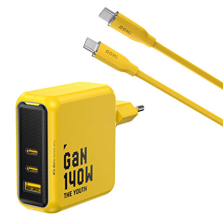 Aohi Youth 140W 3 Portlu Şarj Adaptörü, 140W 1m PD 3.1 480Mbps Süper Hızlı Şarj/Data Kablosu Seti