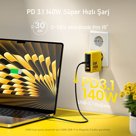 Aohi Youth 140W 3 Portlu Şarj Adaptörü, 140W 1m PD 3.1 480Mbps Süper Hızlı Şarj/Data Kablosu Seti