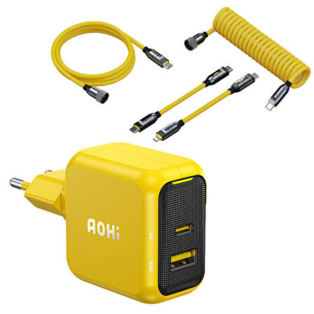Aohi Magcube 67W 2 Portlu Şarj Adaptörü, 240W 480Mbps PD 3.1 MFI Lisanslı Süper Hızlı Şarj/Data Kablo Seti