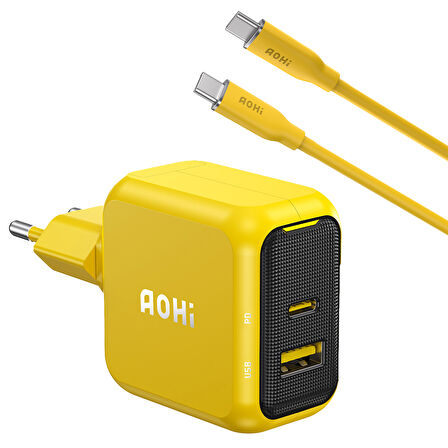 Aohi Magcube 67W 2 Portlu Şarj Adaptörü, 140W 1m PD 3.1 480Mbps Süper Hızlı Şarj/Data Kablosu Seti