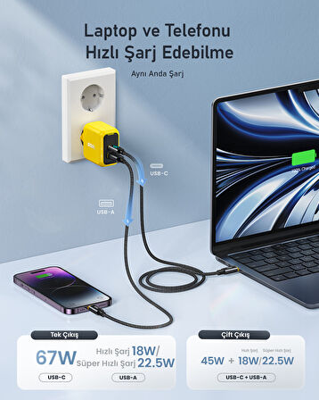 Aohi Magcube 67W 2 Portlu Şarj Adaptörü, 140W 1m PD 3.1 480Mbps Süper Hızlı Şarj/Data Kablosu Seti