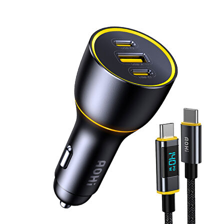 Aohi Araç İçi 3 Portlu 170W Şarj Cihazı, 140W LED Ekranlı Naylon Örgülü Süper Hızlı Şarj Kablosu
