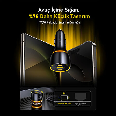 Aohi Araç İçi 3 Portlu 170W Şarj Cihazı, 140W LED Ekranlı Naylon Örgülü Süper Hızlı Şarj Kablosu