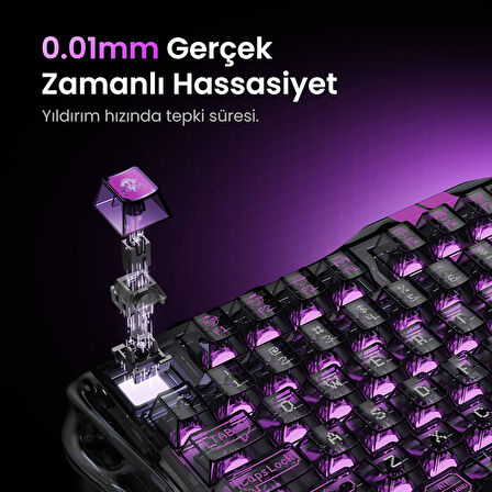 GravaStar Mercury V75 Lite Hall Effect, Rapid Trigger 8.000 Hz Kablolu Manyetik Klavye + M2 26.000 DPI RGB Kablosuz Mouse Oyuncu Seti, Şeffaf Siyah