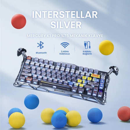 GravaStar Mercury K1 Pro Mekanik Gaming Klavye ve M1 Pro Kablosuz Optik Mouse Seti, Interstellar Silver