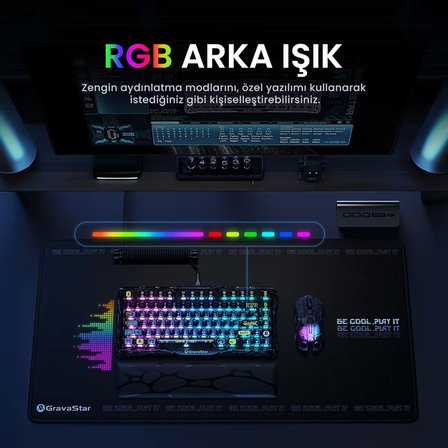 Gravastar K1 Lite Mekanik Gaming Klavye, M2 Kablosuz Optik Mouse ve Mousepad Oyuncu Seti, Stealth Black
