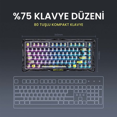 Gravastar K1 Lite Mekanik Gaming Klavye, M2 Kablosuz Optik Mouse ve Mousepad Oyuncu Seti, Transparent Black